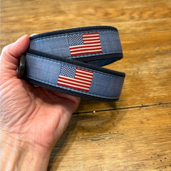 USA Made American Flag Belt on Classic Navy Blue Canvas, Leather and Brass - Picture 1 of 4